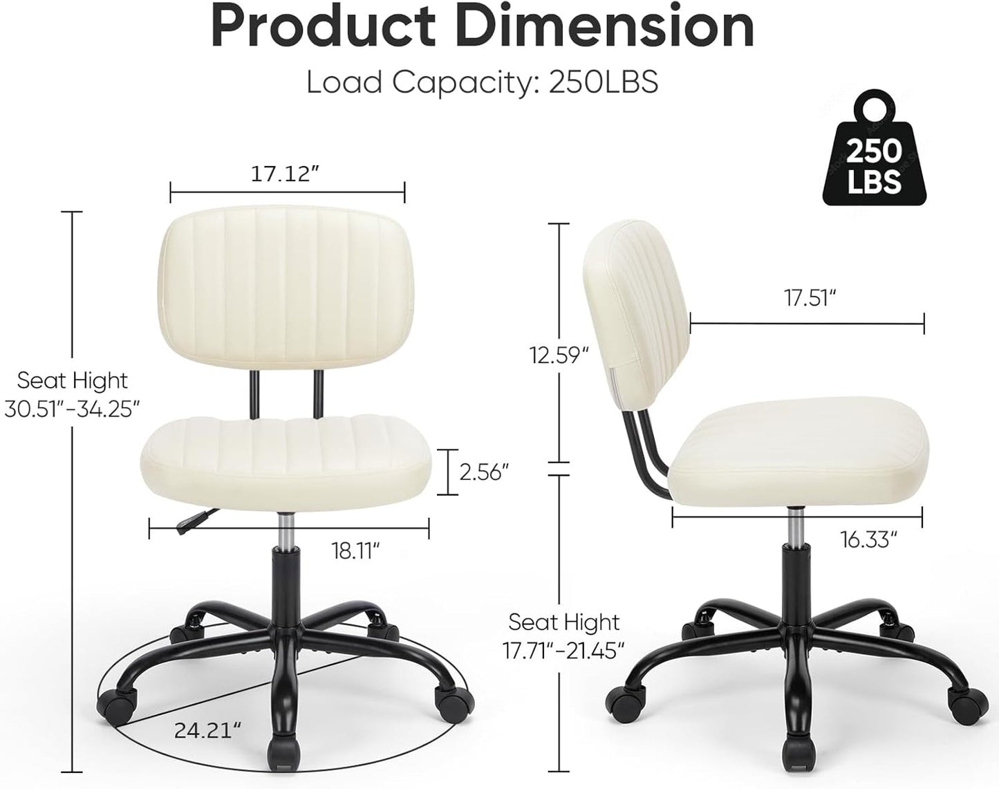 Armless Home Office Desk Chair Small Ergonomic with Low Back Lumbar Support