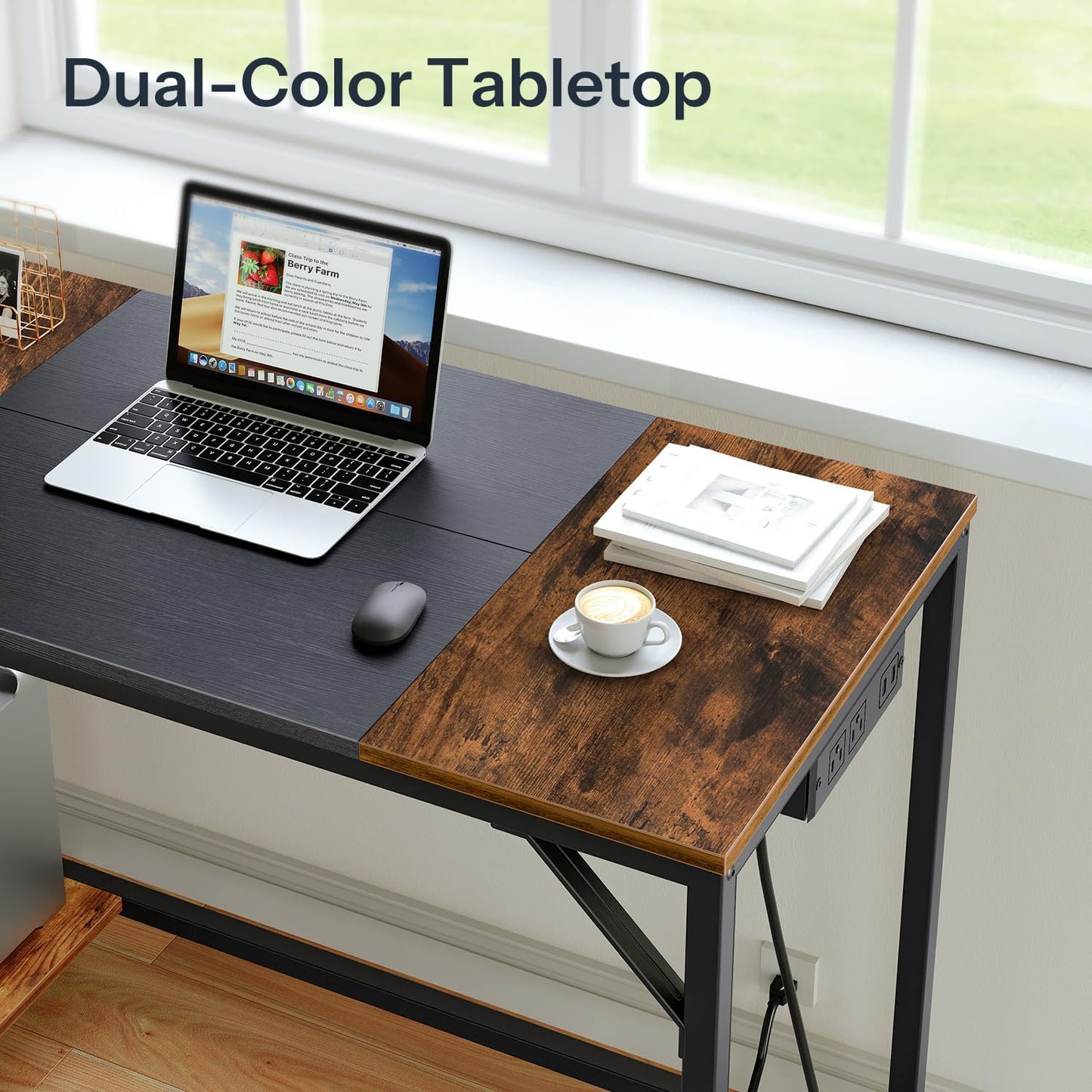 Computer Desk with Power Outlet Desk with 2 Shelves Modern Small Desk for Home Office Easy to Assemble