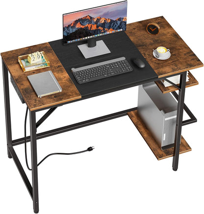 Computer Desk with Power Outlet Desk with 2 Shelves Modern Small Desk for Home Office Easy to Assemble
