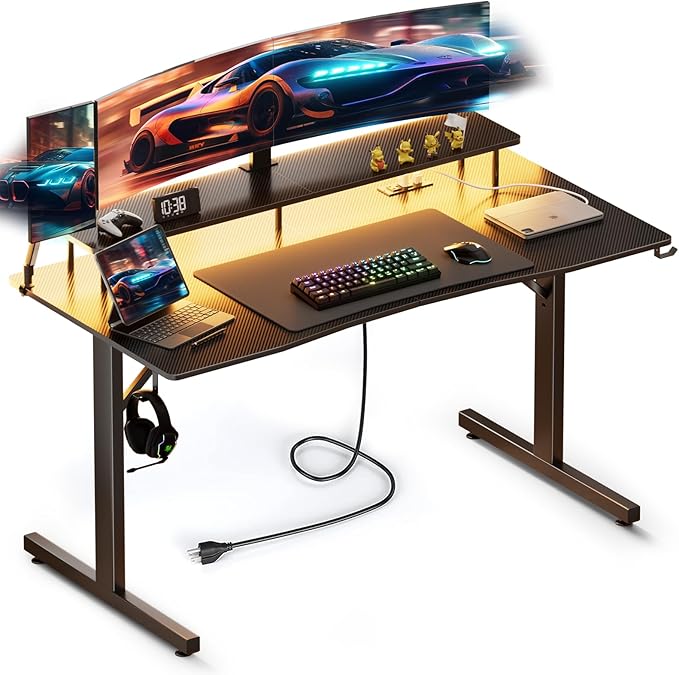 55 Inch Gaming Desk with USB Charging Ports and LED Lights