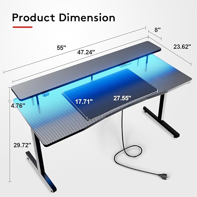 55 Inch Gaming Desk with USB Charging Ports and LED Lights