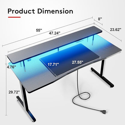55 Inch Gaming Desk with USB Charging Ports and LED Lights