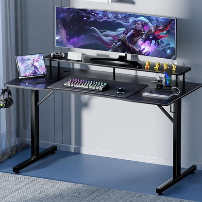 55 Inch Gaming Desk with USB Charging Ports and LED Lights