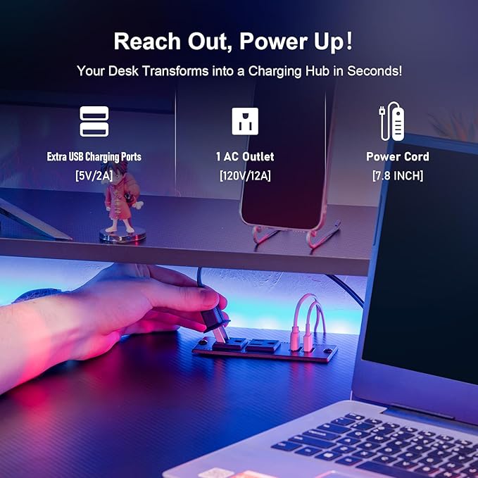 55 Inch Gaming Desk with USB Charging Ports and LED Lights