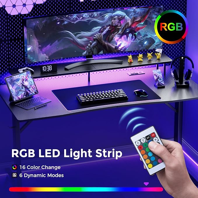 55 Inch Gaming Desk with USB Charging Ports and LED Lights