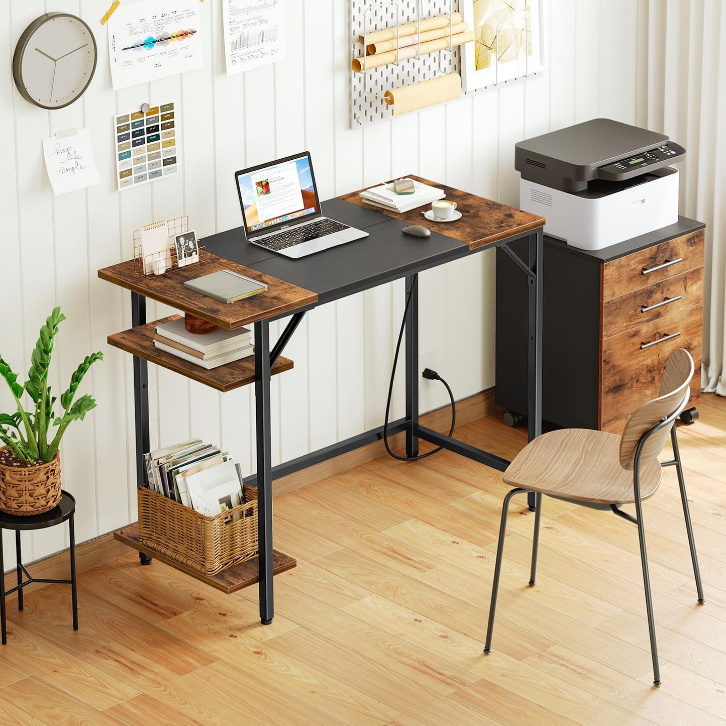 Computer Desk with Power Outlet Desk with 2 Shelves Modern Small Desk for Home Office Easy to Assemble